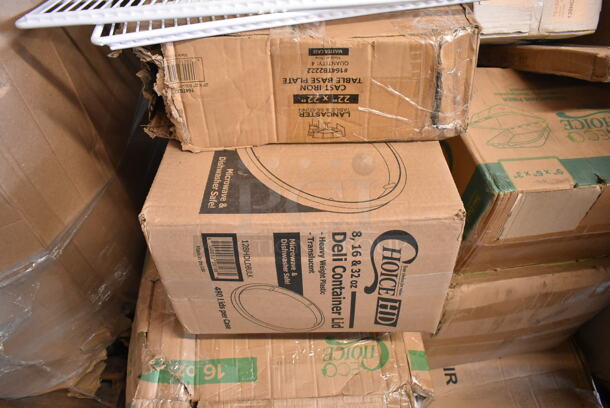 PALLET LOT of 20 BRAND NEW Boxes Including 286C12OR Creative Converting 28191071 12 oz. Sunkissed Orange Plastic Cup - 240/Case, 795KFTL4PE Choice 4 oz. Round PET Take-Out Lid - 1000/Case, 164TB2222 Lancaster Table & Seating 22" x 22" Cross Cast Iron Table Base Plate, 128HDLDBULK ChoiceHD Microwavable Translucent Plastic Deli Container Lid - 480/Case, 164HIGHBKDNAT Bar Height High Chair, EcoChoice Take Out Boxes. 20 Times Your Bid!  - Image 4 of 6