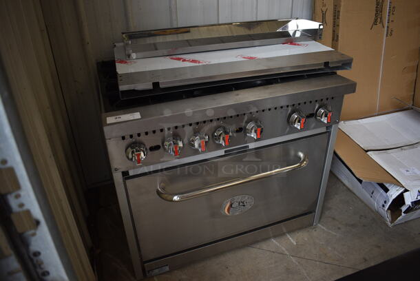 BRAND NEW! CPG Model 351S36N Stainless Steel Commercial Natural Gas Powered 6 Burner Range w/ Oven. Comes w/ Backsplash, Over Shelf, Extra Grate, 2 Extra Burners and 2 Extra Knobs. Stock Picture Used For Gallery. 36x31x31 - Image 4 of 12