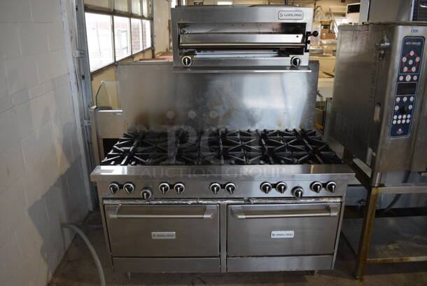 LATE MODEL! 2019 Garland 360-10RR Stainless Steel Commercial Natural Gas Powered 10 Burner Range w/ 2 Ovens, Salamander Cheese Melter and Back Splash. 59x36x72