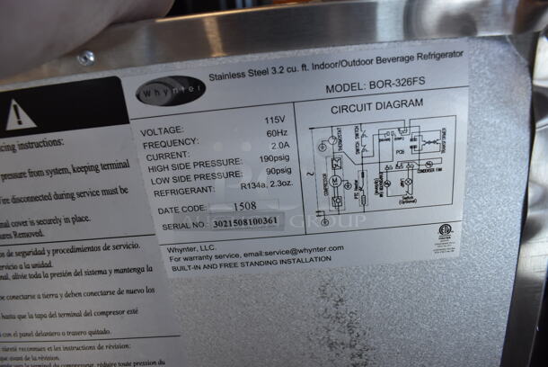 BRAND NEW SCRATCH AND DENT! 2015 Whynter BOR-326FS Stainless Steel Mini Single Door Outdoor Cooler. 115 Volts, 1 Phase. Tested and Working! - Image 6 of 7