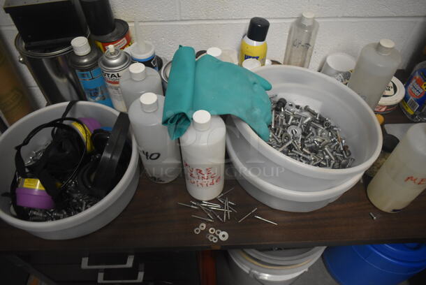 Black Metal Desk w/ Wood Pattern Desktop and Contents Including Bottles, Screws. Includes 30x60x30. BUYER MUST REMOVE. - Image 2 of 12