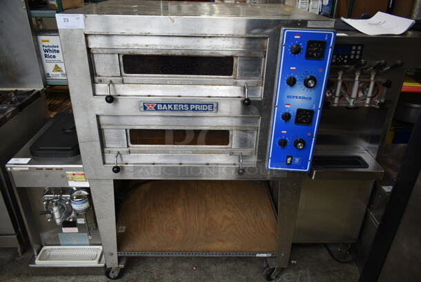 Bakers Pride EP2 Super Deck Series Stainless Steel Commercial Electric Powered 2 Deck Pizza Oven on Commercial Casters. 240 Volts, 3 Phase. 