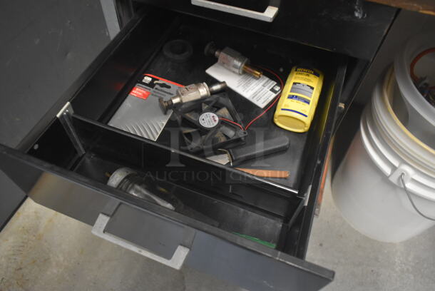 Black Metal Desk w/ Wood Pattern Desktop and Contents Including Bottles, Screws. Includes 30x60x30. BUYER MUST REMOVE. - Image 6 of 12