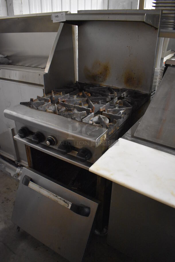 Stianless Steel Commercial Natural Gas Powered 4 Burner Range w/ Oven, Over Shelf and Back Splash on Commercial Casters. Oven Door Needs To Be Reattached. 24x32x57 - Image 2 of 6