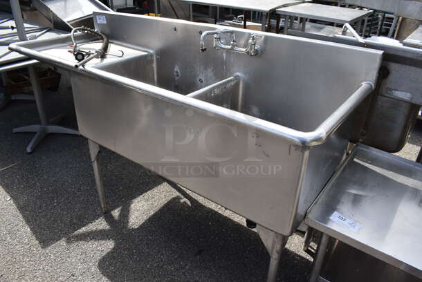 Stainless Steel Commercial 2 Bay Sink w/ Left Side Drain Board, Faucet, Handles and Spray Nozzle Attachment. Bays 24x24x12. Drain Board 22x24x1
