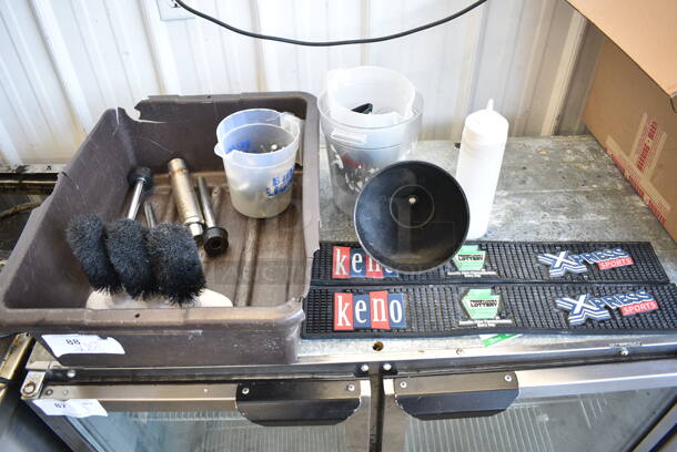 ALL ONE MONEY! Lot of Various Items Including Bar Mats, Glass Cleaner and Funnel in Brown Bus Bin - Image 1 of 4