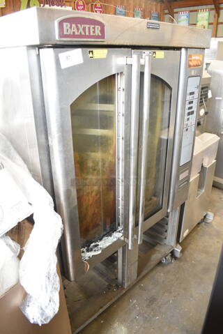 Baxter Stainless Steel Commercial Natural Gas Powered Mini Rotating Rack Oven w/ Lower Double Pan Rack on Commercial Casters. See Pictures for Broken Glass Pane. 