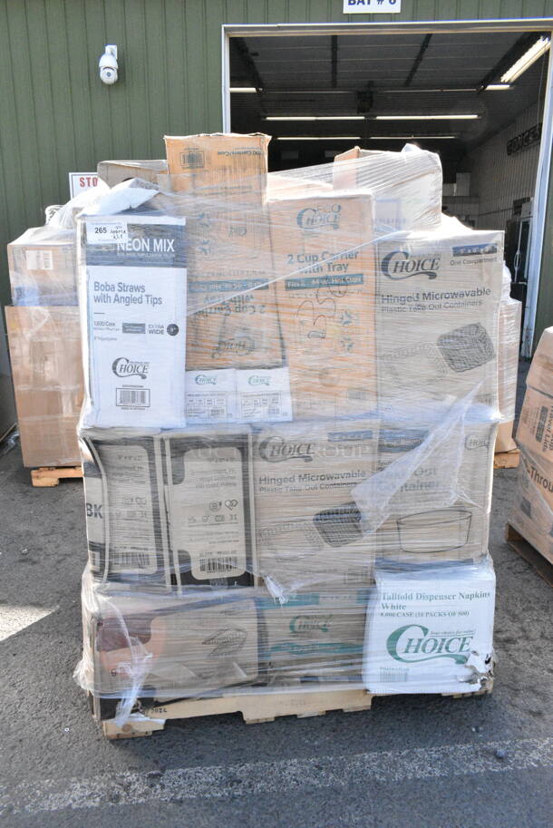 28 BRAND NEW Boxes Including 485WB9NEONW Straw 9" Wide Boba Neon, 182RRF14 Choice 10" x 14" Plastic Food Bag On A Roll - 1000/Case, 433CARTRAY2L EcoChoice Molded Fiber / Pulp 8-44 oz. 2-Cup Carrier with Large Tray - 100/Case, 500TO993 Choice 9" x 9" x 3" Microwaveable 3-Compartment Black / Clear Plastic Hinged Container - 100/Case, 395TO661 EcoChoice No PFAS Added 6" x 6" x 3" Bamboo / Bagasse Blend Take-Out Container - 500/Case, 966TALLFLDB Choice White Tall-Fold 6" x 13" Dispenser Napkin - 8000/Case, 795PTOKFT1 Choice 4 5/8" x 3 1/2" x 2 1/2" Kraft Microwavable Folded Paper #1 Take-Out Container - 450/Case, 130BSPORKWP Medium Weight Black Plastic Spork, 129MCR16B Choice 16 oz. Black 6 1/4" Round Microwavable Heavy Weight Container with Lid - 150/Case. 28 Times Your Bid!  - Image 1 of 12