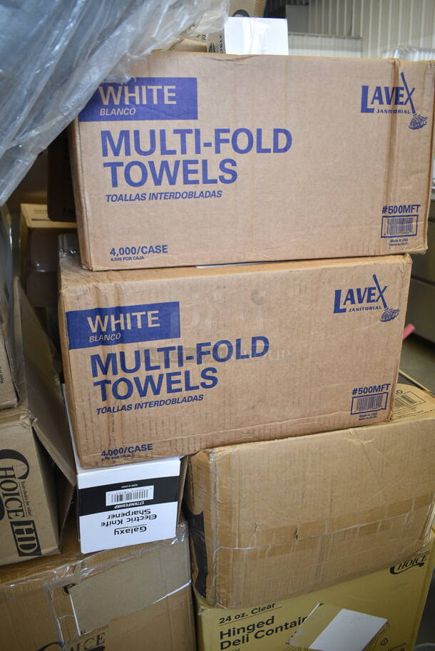 PALLET LOT of 34 BRAND NEW Boxes Including 105GC36321 Choice 1 Part Green and White Guest Check with Bottom Guest Receipt - 50/Case, 176WDBASE Acopa Wood Stand for Glass Beverage Dispensers, 2 Box 394365L Noble Large Gloves, 3 Box 128HD16COMBO ChoiceHD 16 oz. Microwavable Translucent Plastic Deli Container and Lid Combo Pack - 240/Case, 500TW7 Choice 7 oz. Translucent Thin Wall Plastic Cold Cup - 2500/Case, 760PCC03W Choice 3 oz. White Poly Paper Cold Cup - 5000/Case, 2 Box 500MFT Lavex White M-Fold (Multifold) Towel - 4000/Case, 177KNIFESHRP Galaxy KNIFESHRP 2-Stage Standard-Duty Electric Knife Sharpener, 127CH24 Choice 24 oz. Clear RPET Hinged Deli Container - 200/Case, 500CC10 Choice 10 oz. Clear PET Plastic Cold Cup - 1000/Case, 322UF4911 Noble Products 3" Use First Removable Round Label with Dispenser Carton - 500/Roll, 129MCS38B Choice 38 oz. Black Rectangular Microwavable Heavy Weight Container with Lid 8 3/4" x 6 1/4" x 2" - 150/Case, 347RPBD9WHSV Visions 9" White Plastic Plate with Silver Bands - 120/Case, 394345XL Noble NexGen Powder-Free Disposable Black Hybrid 3 Mil Thick Gloves - 1000/Case. 34 Times Your Bid!  - Image 7 of 12