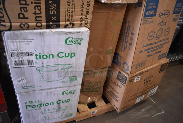PALLET LOT of 25 BRAND NEW Boxes Including 500TW7 Choice Translucent Thin Wall Plastic Cup, 795PTOKFT3 Choice Kraft Microwavable Folded Paper #3 Take-Out Container 7 3/4" x 5 1/2" x 2 1/2" - 200/Case, 2 Box 612P509S Choice 9" Clear Round Plastic Dome Lid - 500/Case, Choice Paper Food Containers, 2 Box 127P325C Choice 3.25 oz. Clear Plastic Souffle Cup / Portion Cup - 2500/Case, 626NSL Solo Prima Pet Plastic Cold Cup Straless lid. 25 Times Your Bid! - Image 4 of 4