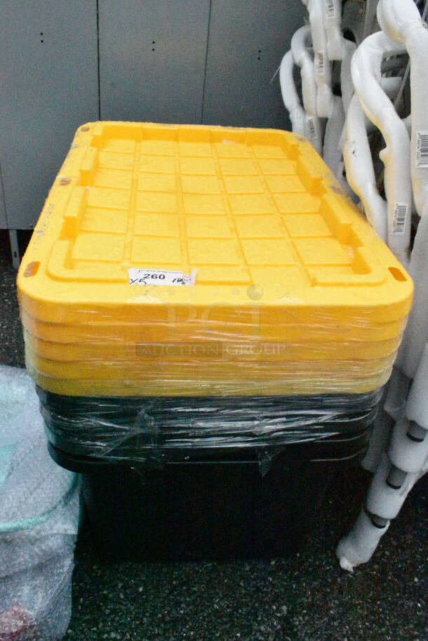 5 BRAND NEW SCRATCH AND DENT! Black Poly Bins w/ Yellow Lids. 5 Times Your Bid!  - Image 1 of 5
