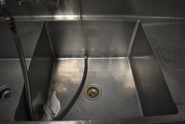 Stainless Steel Commercial 3 Bay Sink w/ Dual Drain Boards, 2 Faucets and 2 Handle Sets. 120x30x44. Bays 24x24x14. Drain Boards 23x26x2. BUYER MUST REMOVE. (kitchen) - Image 5 of 8