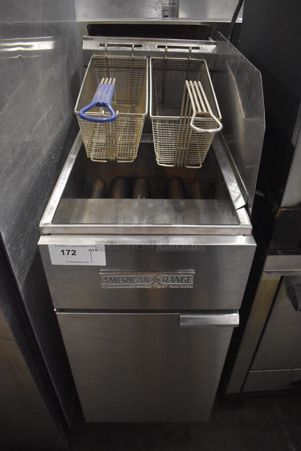 American Range Stainless Steel Commercial Floor Style Natural Gas Powered Deep Fat Fryer w/ 2 Metal Fry Baskets and Right Side Splash Guard. 15.5x30x47