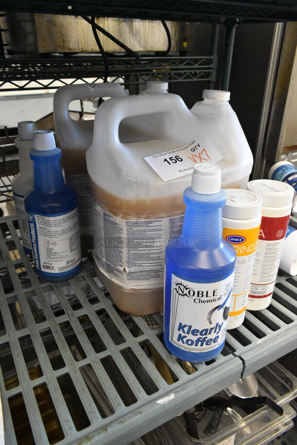 ALL ONE MONEY! Lot of 7 Various Cleaners Including Noble Klarly Koffee, Urnex Grindz, Urnex Cafiza, Diversey Heavy Duty Rotisserie Oven Cleaner - Image 1 of 8