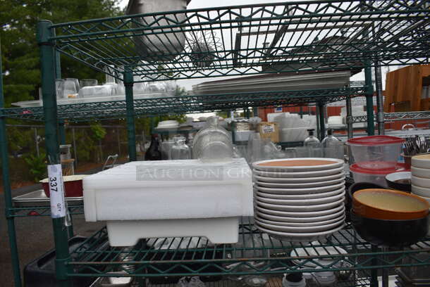 ALL ONE MONEY! Lot of Green Finish 4 Tier Shelving Unit on Commercial Casters w/ All Contents Including Stainless Steel Drop In Bins, White Ceramic Dishes, Blue Poly Lettuce Spinner, Poly Lids. BUYER MUST DISMANTLE. PCI CANNOT DISMANTLE FOR SHIPPING. PLEASE CONSIDER FREIGHT CHARGES. 72x21x69 - Image 3 of 9