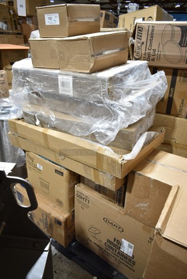 PALLET LOT of 25 BRAND NEW Boxes Including 50HT1 Dart Foam Hinged Container, Eliat 726 Paper Plates, 500TW12 Choice Translucent Thin Wall Plastic Cold Cup, 923272  82