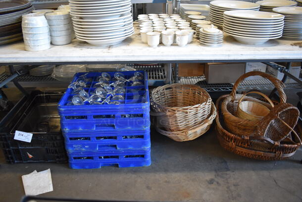 ALL ONE MONEY! Lot of Various Items Under Tabletop Including Baskets, Glasses and Poly Bin - Image 2 of 12