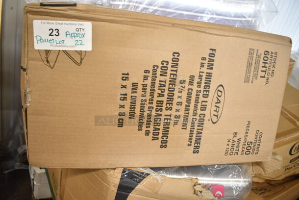 PALLET LOT of 22 BRAND NEW Boxes Including 2 Box 129MCS16B Choice 16 oz. Black 8" x 5 1/4" x 1 1/2" Rectangular Microwavable Heavy Weight Container with Lid - 150/Case, 395TO661 Ecochoice compostable Sugarcane Takeout, 2 Box 612558L Choice 8 1/8" Round Foil-Laminated Board Lid - 500/Case, 130WFORKWP Choice Individually Wrapped Medium Weight White Plastic Fork - 1000/Case, 500CC16HW Choice Heavy Weight 16 oz. Clear Plastic Cold Cup - 1000/Case, 433LSLCPIE Choice 5" Clear Hinged Slice Container with Low Dome Lid, Dart C57PST1 ClearSeal Hinged Lid Plastic Container 6" x 5 13/16" x 3" - 500/Case, Dart 60HT1 White Foam Hinged Lid Container 6" x 6" x 3" - 500/Case, 500CC12 Choice Clear PET Customizable Plastic Cold Cup - 12 oz. - 1000/Case, 433LSLCPIE Choice 5" Clear Hinged Slice Container with Low Dome Lid, Dart 12BWWCR Concorde 10-12 oz. White Non-Laminated Round Foam Bowl - 1000/Case. 22 Times Your Bid!  - Image 11 of 12