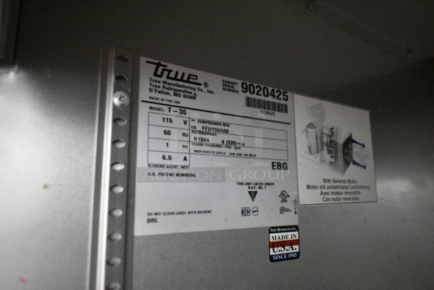 2017 True T-35 Stainless Steel Commercial 2 Door Reach In Cooler w/ Poly Coated Racks on Commercial Casters. 115 Volts, 1 Phase. Tested and Powers On But Does Not Get Cold - Image 9 of 9