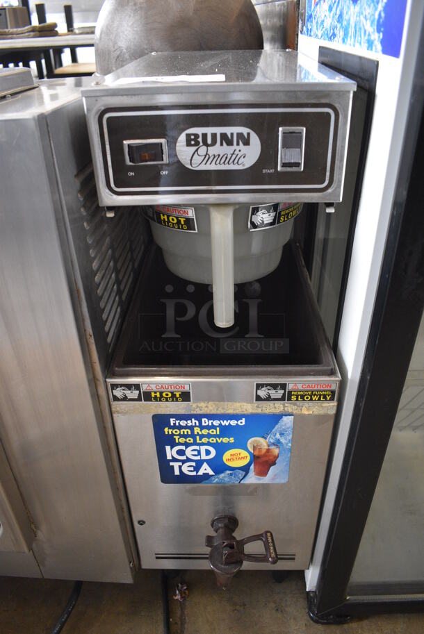 Bunn Model T3 Stainless Steel Commercial Countertop Iced Tea Machine w/ Beverage Holder Dispenser and Poly Brew Basket. No Lid. 120 Volts, 1 Phase. 9.5x19x30 - Image 1 of 5