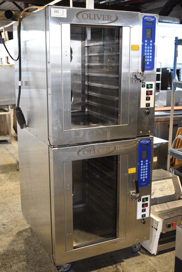 2 FANTASTIC! Oliver Model 690-NC3 Stainless Steel Commercial Electric Powered Convection Ovens on Commercial Casters. 208 Volts, 3 Phase. 33x42x78. 2 Times Your Bid!