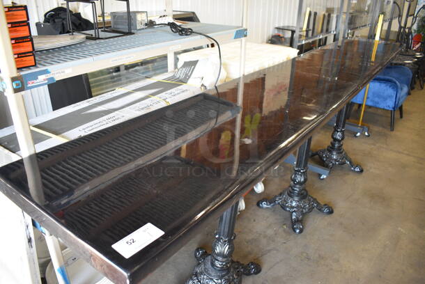 Black Tabletop on 3 Black Metal Ornate Bar Height Table Bases. 142x23.5x43 - Image 4 of 4