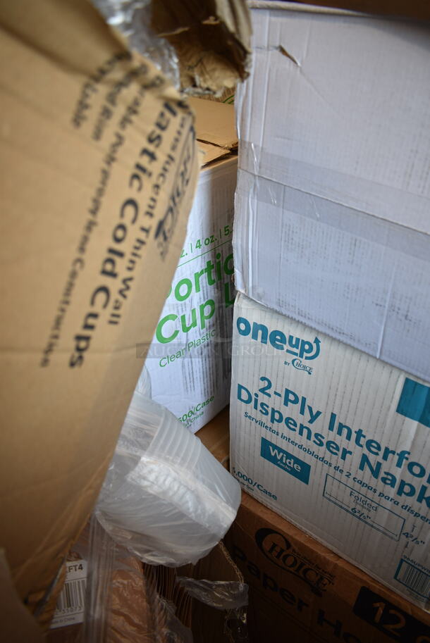 PALLET LOT of 27 BRAND NEW Boxes Including 966UPWIDEKFT-500 OneUp by Choice Kraft 2-Ply Wide Interfold 6 1/2" x 8 1/2" Dispenser Napkin - 6000/Case, 50012W Choice 12 oz. White Poly Paper Hot Cup - 1000/Case, RMB1000CL Royal Paper RMB1000CL 24" Clear Plastic Mesh Produce / Seafood Bag - 1000/Case, 760PIC05 Choice 5 oz. Clear Plastic Dessert Cup - 1000/Case, 130HCUTFWR Visions Individually Wrapped White Heavy Weight Plastic Fork - 1000/Case, D9542 Dixie Large White Travel Lid for 10-20 oz. Cups - 1000/Case, 3 Boxes 346WKFSNSPM Choice White Medium Weight Wrapped Plastic Cutlery Pack with Napkin and Salt / Pepper Packets - 500/Case, 4 Box 304FND304T Acopa Foundations 5 oz. Tan Narrow Rim Melamine Fruit Dish - 12/Case, 128HDLDBULK ChoiceHD Microwavable Translucent Plastic Deli Container Lid - 480/Case, 375SW1430 GET SW-1430-1-CL 3 oz. Customizable SAN Plastic Martini Glass - 24/Case, 5012433M1C Lavex Li'l Herc 12-16 Gallon 1 Mil 24" x 33" Low Density Medium-Duty Clear Can Liner / Trash Bag - 250/Case, 57432Z4045 Merrychef 32Z4045 Teflon® Coated Solid Bottom Basket for eikon e2 Series Ovens, 999RP10CL Choice Crystal 10" Clear Plastic Plate - 20/Pack, 395TO991 EcoChoice 9" x 9" x 3" Compostable Sugarcane / Bagasse 1 Compartment Take-Out Box - 200/Case, 5002CPTE Lavex 2-Ply White Center Pull Paper Towel 510' Roll - 6/Case. 27 Times Your Bid!  - Image 7 of 12
