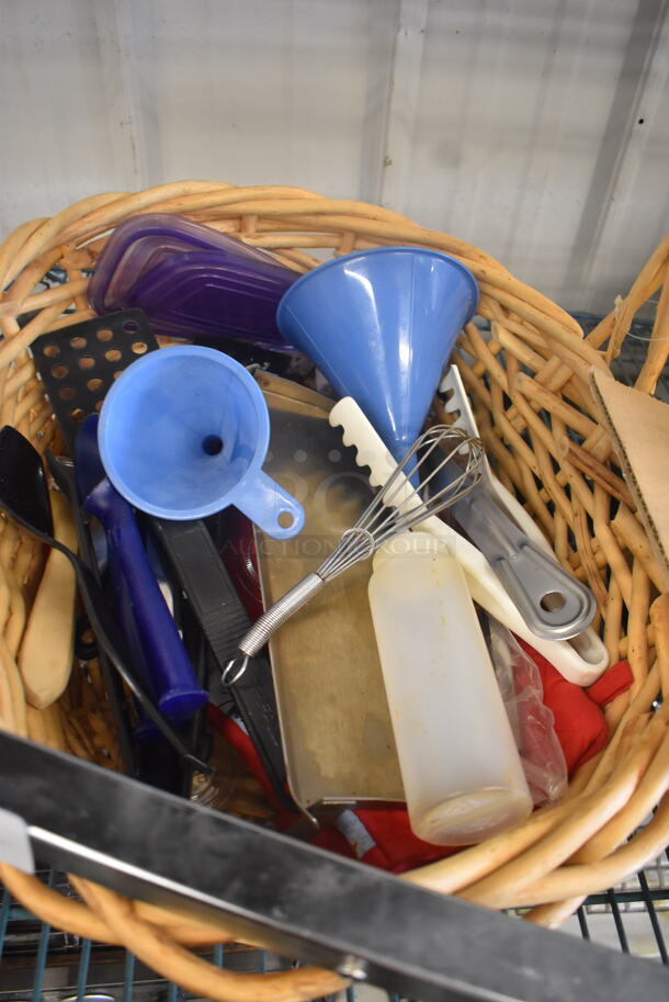 ALL ONE MONEY! Tier Lot Including Basket of Utensils, Stainless Steel Full Size Steam Table Pans and Box of Various Items Including New Breakers and More! - Image 3 of 4