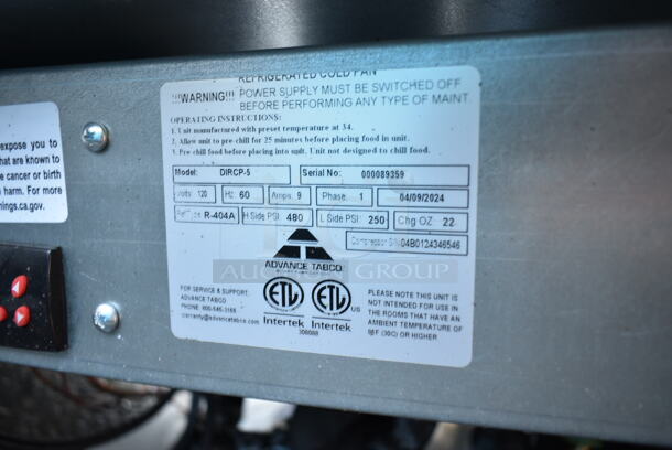 BRAND NEW SCRATCH AND DENT! Advance Tabco DIRCP-5  Stainless Steel Five Pan Drop-In Refrigerated Cold Pan Unit. 120 Volts, 1 Phase.  Tested and Powers On But Does Not Get Cold - Image 6 of 6
