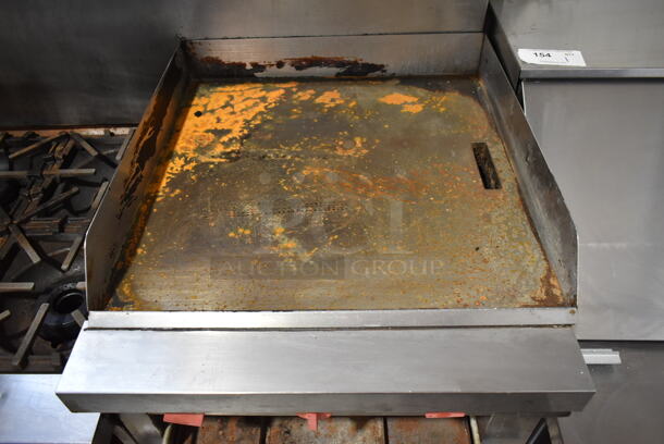 Vulcan VG260 Stainless Steel Commercial Natural Gas Powered 6 Burner Range w/ Right Side Flat Top Griddle, 2 Ovens, Over Shelf and Back Splash on Commercial Casters.   - Image 5 of 11