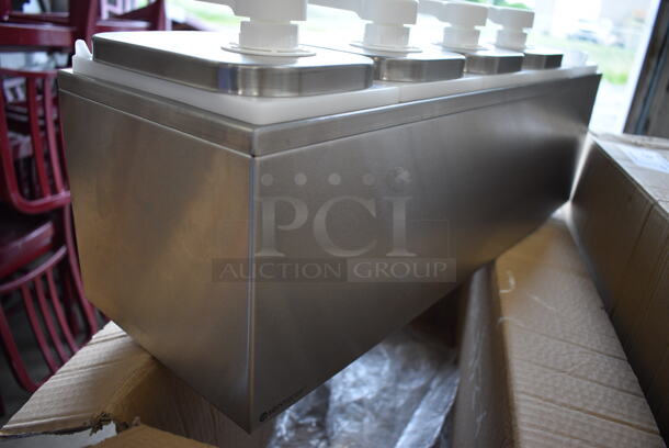 Servsense Stainless Steel Countertop Condiment Rail w/ 5 White Poly Drop Ins and 4 Pump Lids. 23.5x8x10 - Image 6 of 6