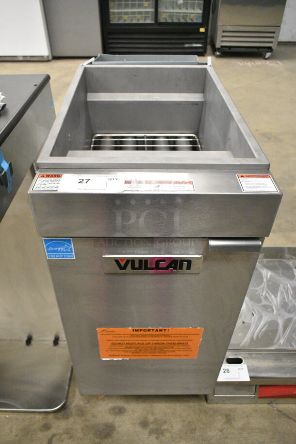 BRAND NEW SCRATCH AND DENT! Vulcan 1VEG50M-1 Stainless Steel Commercial Floor Style Natural Gas Powered Deep Fat Fryer. Missing Back Piece. 85,000 BTU  - Image 1 of 7