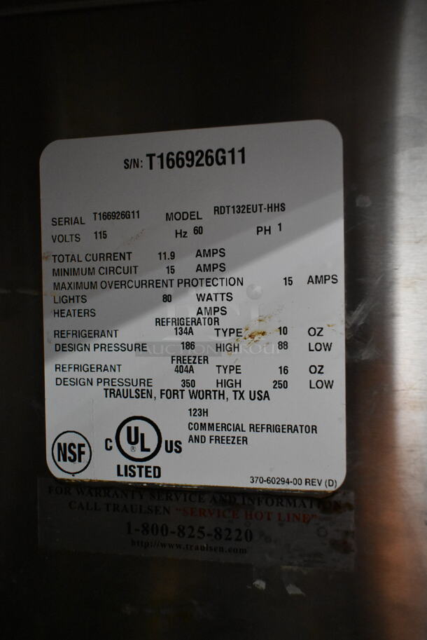 Traulsen RDT132EUT-HHS Stainless Steel Commercial 2 Half Size Door Reach In Dual Zone Cooler Freezer. 115 Volts, 1 Phase. Tested and Powers On But Does Not Get Cold
 - Image 4 of 4
