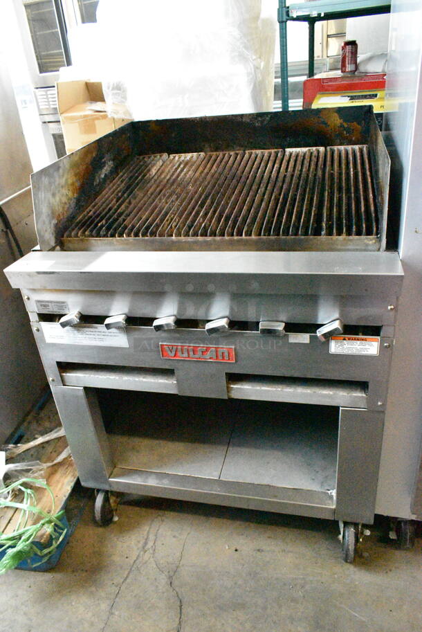 Vulcan Stainless Steel Commercial Natural Gas Powered Charbroiler Grill on Commercial Casters.  - Image 1 of 7