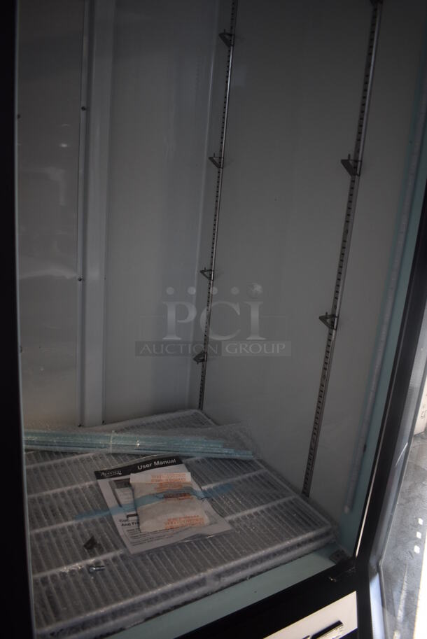 BRAND NEW SCRATCH AND DENT! Avantco Model 178GDC23HCB Metal Commercial Single Door Reach In Cooler Merchandiser w/ Poly Coated Racks on Commercial Casters. 115 Volts, 1 Phase. 28x33x84. Tested and Working! - Image 4 of 5