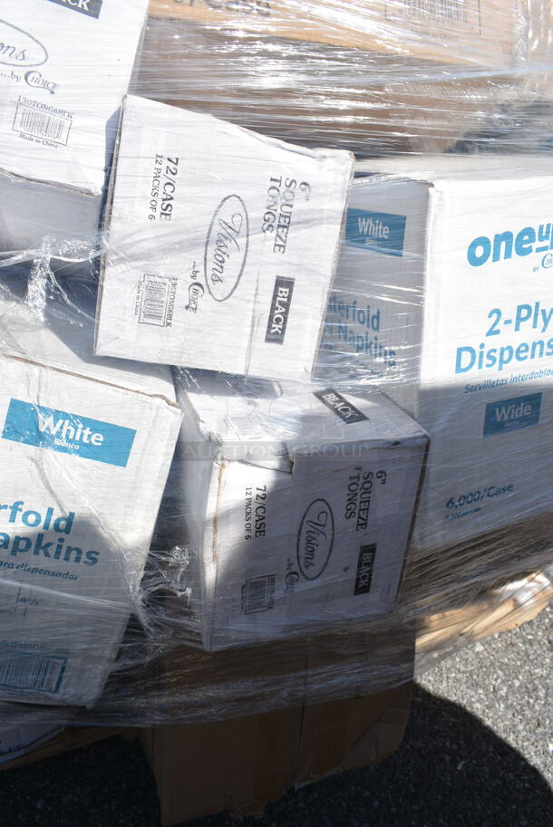 PALLET LOT of 29 BRAND NEW Boxes Including 6 Box 130TONG6BLK Visions 6" Black Disposable Plastic Tongs - 72/Case, 500LSTRWLW Choice 9, 12, 16, 20, and 24 oz. Clear Sip-Through Lid with Extra-Wide Opening - 1000/Case, 966UPWIDEB-500 OneUp by Choice White 2-Ply Wide Interfold 6 1/2" x 8 1/2" Dispenser Napkin - 6000/Case, 760FFLRGNEWS Choice Large 16 oz. Paper Scoop Cup with Newsprint Design - 1000/Case, 500CC12 12 oz. Plastic Cold Cup - 1000/Case, 1504381M Carnival King 6" x 3/4" x 6 1/2" Large Foil Hamburger / Sandwich Bag - 1000/Case, 500CC12HD 12 oz. Plastic Cold Cup - 1000/Case, 500LSTRWLW Choice 9, 12, 16, 20, and 24 oz. Clear Sip-Through Lid with Extra-Wide Opening - 1000/Case. 29 Times Your Bid!  - Image 5 of 12