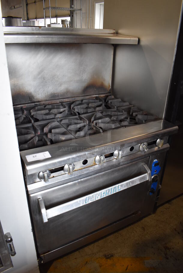 Imperial Stainless Steel Commercial Natural Gas Powered 6 Burner Range w/ Convection Oven, Over Shelf and Back Splash on Commercial Casters. 36x34x57 - Image 7 of 9