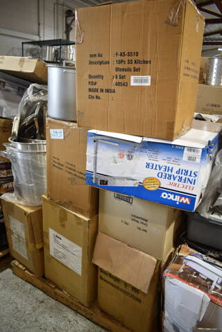 PALLET LOT of 20 BRAND NEW! Items/Boxes Including 2 Box F-KS-S510 Utensil Sets, Winco Infrared Heater, RPC-2, Winco 909A-Body Body for 909A 3 Gallon, Rice Cooker, Winco 308A-FM Frame, Winware Malibu Chafer. 20 Times Your Bid!