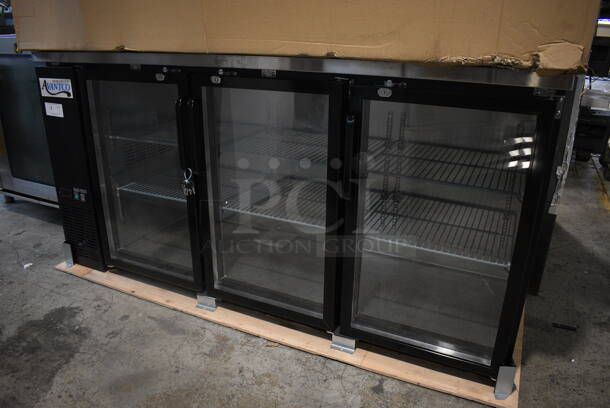 BRAND NEW SCRATCH AND DENT! Avantco 178UBB72GHC Stainless Steel Commercial 3 Door Back Bar Cooler Merchandiser w/ LED Lighting, Poly Coated Racks and Keys. 115 Volts, 1 Phase. 71x25x36. Tested and Working!