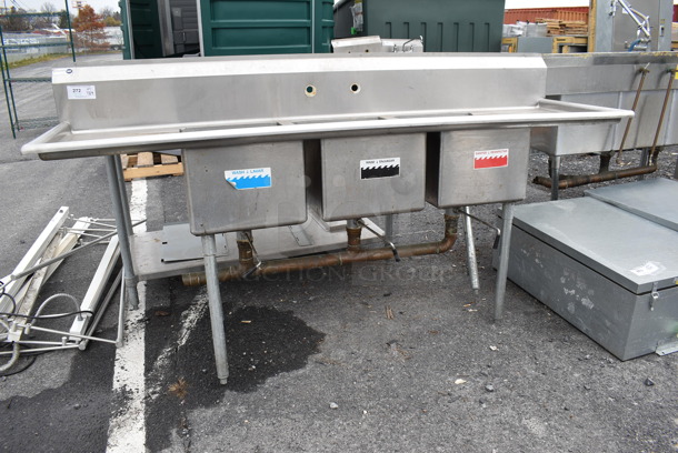 Stainless Steel Commercial 3 Bay Sink w/ Dual Drain Boards. 88x26x45. Bays 16x20x12. Drain Boards 22x16x1 - Image 2 of 7