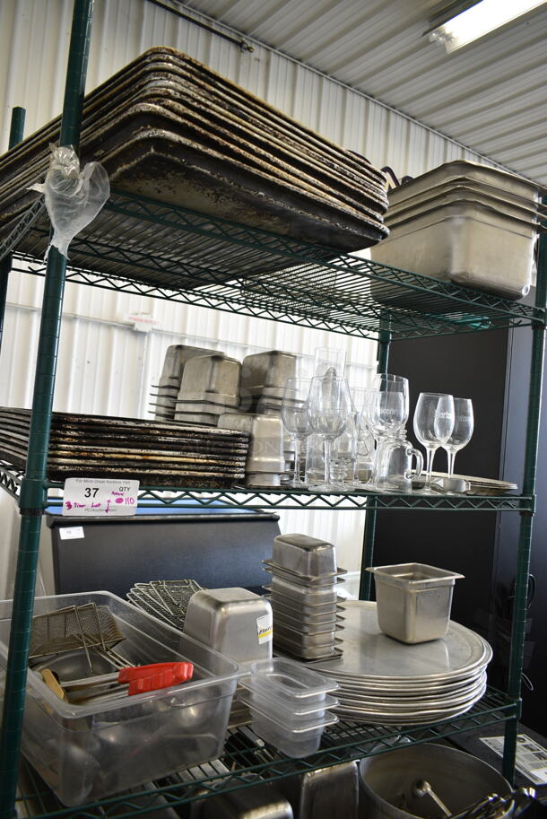 ALL ONE MONEY! Three Tier Lot of Various Items Including Metal Full Size Baking Pans, Stainless Steel Drop In Bins, Wine Glasses, Pizza Pans and Utensils. - Item #1114588