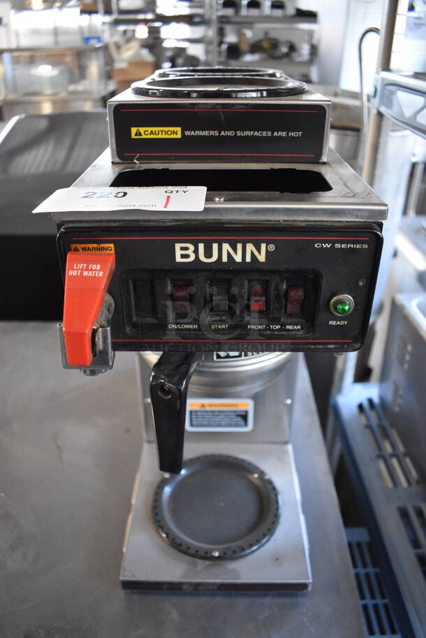 Bunn CW Series Stainless Steel Commercial 3 Burner Coffee Machine w/ Hot Water Dispenser and Metal Brew Basket. 8x21x19