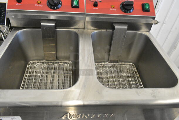 2023 Avantco 177F202 Stainless Steel Commercial Countertop Electric Powered 2 Bay Fryer w/ Lids and Metal Fry Baskets. 208-240 Volts, 1 Phase.
 - Image 8 of 10