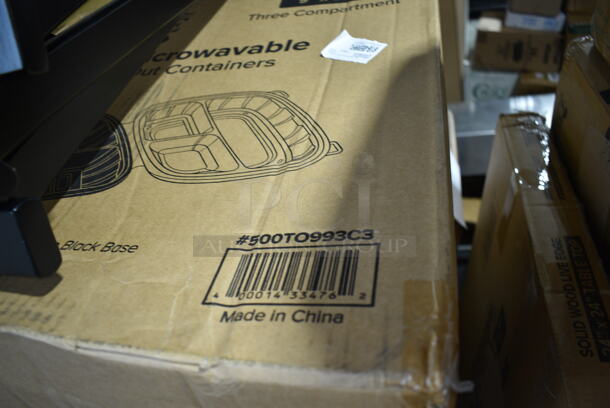 PALLET LOT of 25 BRAND NEW Boxes Including 2 Box 500LFLAT Choice Clear Flat Lid with Straw Slot - 9, 12, 16, 20, and 24 oz. - 1000/Case, 500TO993C3 Choice 9" x 9" x 3" Microwaveable 3-Compartment Black / Clear Plastic Hinged Container - 100/Case, 2 Box 127DM12BULK Choice 12 oz. Ultra Clear PET Plastic Round Deli Container - 500/Case, 127RD12BULK Choice 12 oz. Customizable Microwavable Translucent Round Deli Container - 500/Case, 2 Box 5002TPJPREM Lavex Premium 2-Ply 720' Universal Jumbo Toilet Paper Roll with 9" Diameter - 12/Case, 129MCS38B Choice 38 oz. Black Rectangular Microwavable Heavy Weight Container with Lid 8 3/4" x 6 1/4" x 2" - 150/Case, Carlisle KL12705 Kingline 12" x 9" x 1 3/16" Red Oval Platter - 12/Case, Choice 4 oz Portion Cups, 5004NAP1/4WH Choice White Linen-Feel 1/4 Fold Dinner Napkin - 800/Case, 3 Box 394365L Noble Products Powder-Free Disposable Clear Vinyl Gloves for Foodservice - Large - 1000/Case, 500TO883 Choice 8" x 8" x 3" Microwaveable 1-Compartment Black / Clear Plastic Hinged Container - 100/Case, 19343C Arcoroc 16 oz. Customizable Fully Tempered Mixing Glass / Pint Glass by Arc Cardinal - 24/Case, 612605070 Choice Full Size Foil Steam Table Pan Deep 3 3/8" Depth - Full Size Deep - 50/Case, 760FFMEDFRY Choice Medium 12 oz. Paper Scoop Cup with Fry Design - 1000/Case. 25 Times Your Bid! - Image 4 of 12