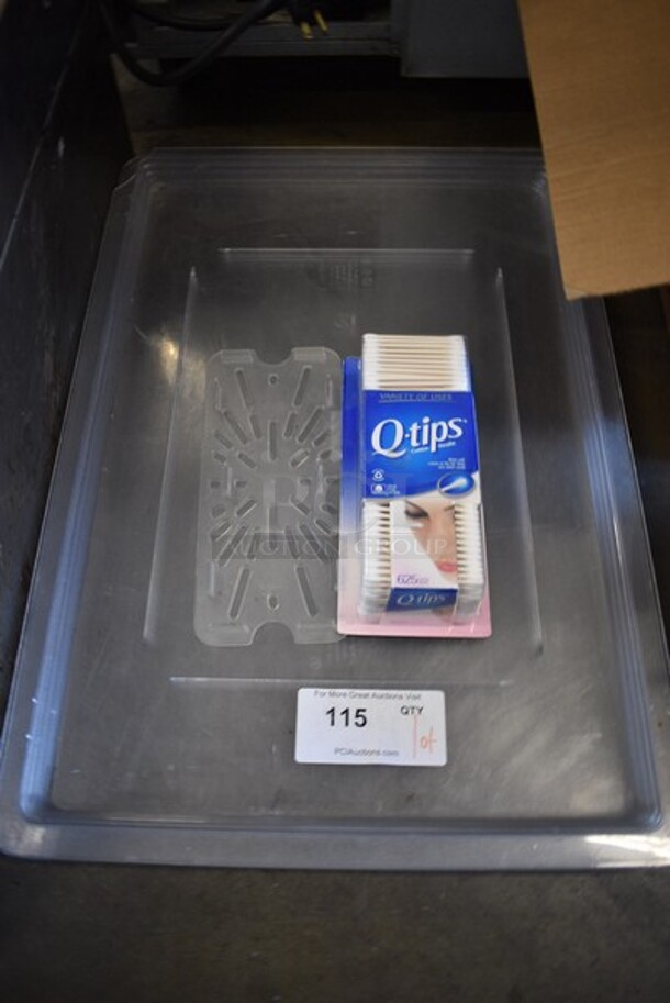ALL ONE MONEY! Lot of 4 Poly Lids, Poly Strainer Insert and Box of Q-Tips. Includes 18x26x1.