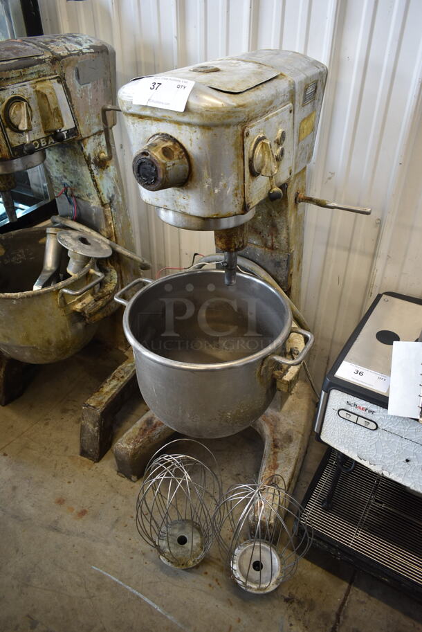Hobart D-300-D Metal Commercial Floor Style 30 Quart Planetary Dough Mixer w/ Metal Mixing Bowl and 2 Whisk Attachment. 208 Volts, 3 Phase.