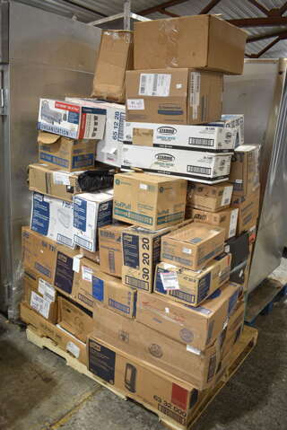 PALLET LOT of 64 BRAND NEW Boxes Including Tork 552120 Towel Dispenser, Tork 473200 Toilet Paper Dispenser, Georgia Pacific 59206 Toilet Paper Dispenser, Twin Toilet Tissue Dispenser, Tork 93T Towel Dispenser, Tork 302030 Towel Dispenser, Georgia Pacific 59210 Toilet Paper Dispenser, Kimberly Clark 0955101 Dispenser, Purell White Soap Dispenser, Sterno Green Wick Chafing Dish Fuel, Kimberly Clark 48857 Dispenser, Bed Risers. 64 Times Your Bid!
