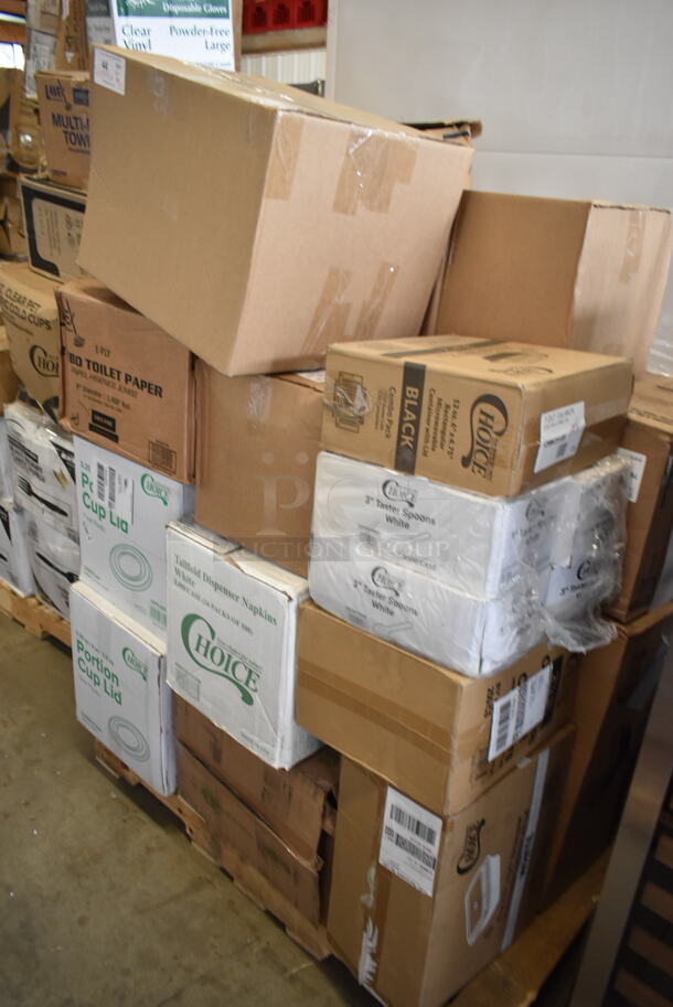 PALLET LOT of 30 BRAND NEW Boxes Including 24515112CB Baker's Mark White CustomizBLE Auto-Popup Donut/Bakery Box, 129MCS28W Choice 28 oz. White 8 3/4" x 6 1/4" x 1 3/4" Rectangular Microwavable Heavy Weight Container with Lid - 150/Case, 4 Boxes 130TASTERSP Choice 3" White Plastic Tasting Spoon - 3000/Case, 129MCS12B Choice 12 oz. Black 6" x 4 3/4" x 1 3/4" Rectangular Microwavable Heavy Weight Container with Lid - 150/Case, 966TALLFLDB Choice White Tall-Fold 6" x 13" Dispenser Napkin - 8000/Case, 357EQUALIZ14 FLAT Tech Equalizers 1/4"-20 Thread Black Table Leveler - 4/Pack - From Group (OD Kit) 349C3024SEQ, 5001TPJ Lavex 1-Ply Jumbo 1400' Toilet Paper Roll with 9" Diameter - 12/Case, 2 Box 127PL400 Choice PET Plastic Lid for 3.25 to 5.5 oz. Souffle Cup / Portion Cup - 2500/Case, 2451282CB Baker's Mark 12" x 8" x 2 1/4" White Customizable Auto-Popup Donut / Bakery Box - 200/Case. 30 Times Your Bid! - Image 1 of 12