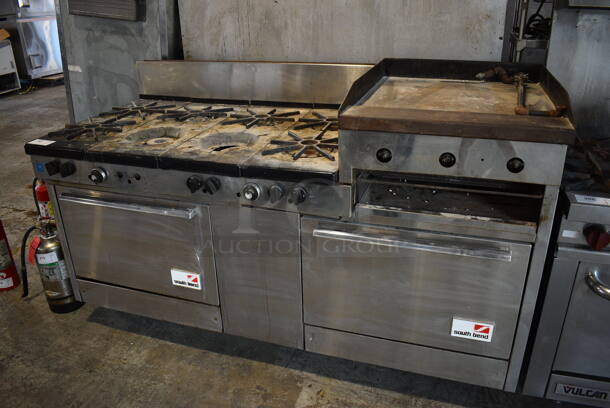 Southbend Stainless Steel Commercial Propane Gas Powered 8 Burner Range w/ Flat Top Griddle and 2 Ovens. 73.5x33x45