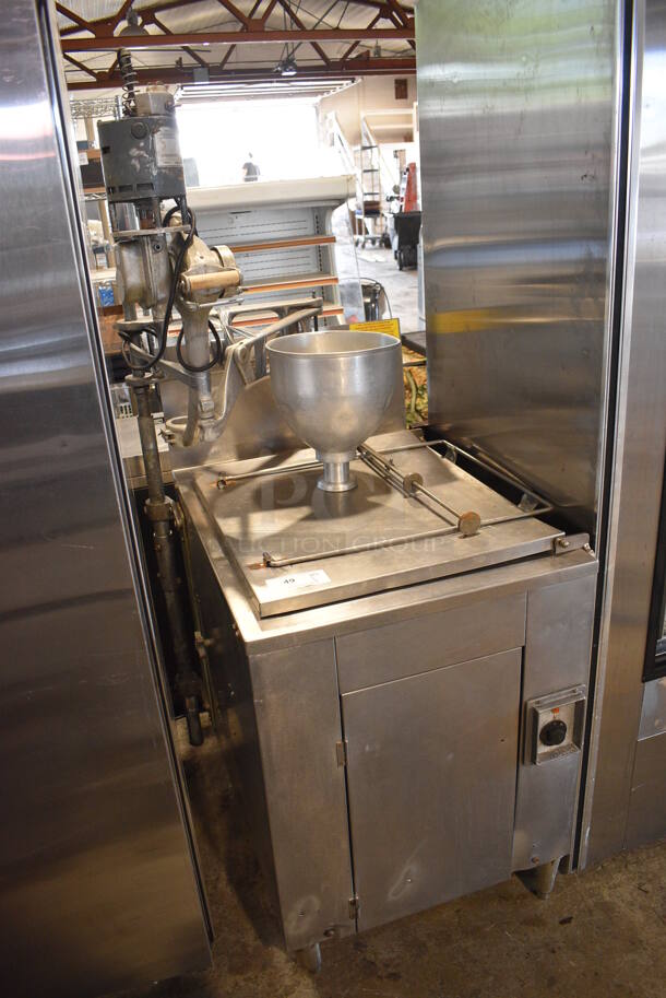 Stainless Steel Commercial Floor Style  Natural Gas Powered Donut Fryer w/ Belshaw Type F Metal Commercial Electric Powered Dough Dropper, Hopper and Plunger. 50,000 BTU. 31x36x69 - Image 3 of 9